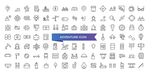 Adventure icon collection. Related to hike, campfire, snorkeling, climbing, travel and canoeing icons. Outdoor activity concept icon set.