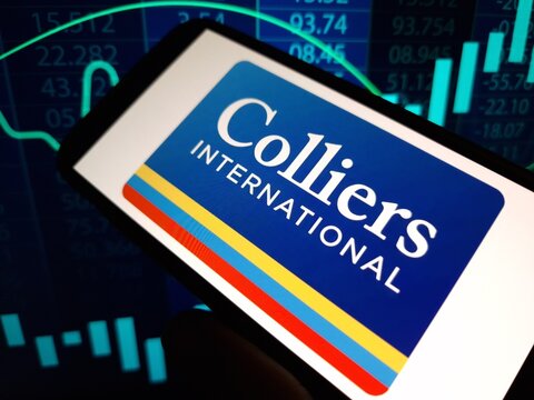 Konskie, Poland - May 11, 2024: Colliers International company logo displayed on mobile phone