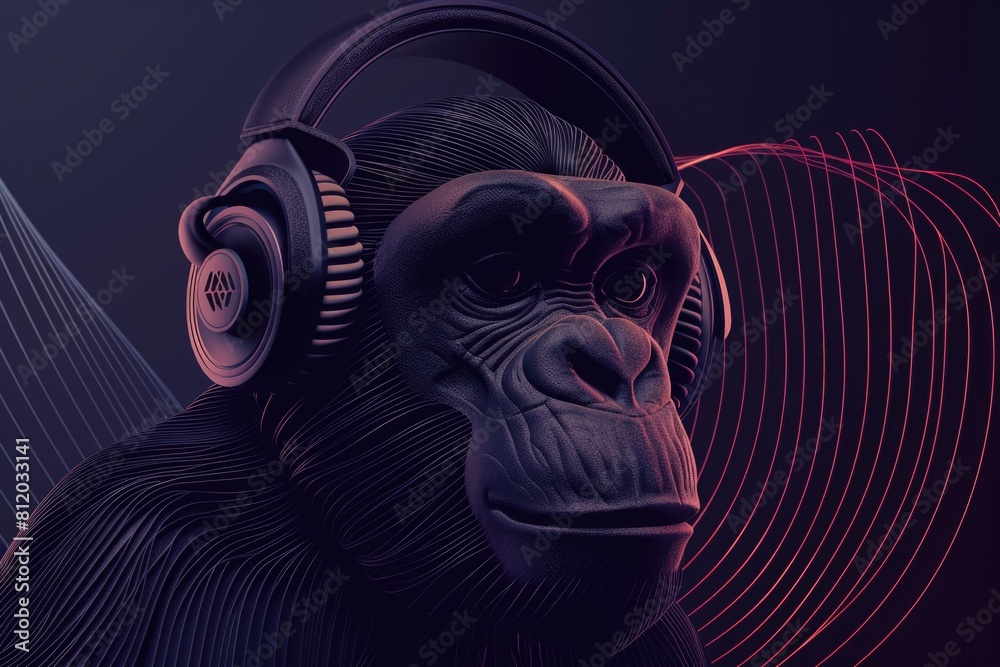 Poster close-up image of a monkey wearing headphones. suitable for music and technology concepts