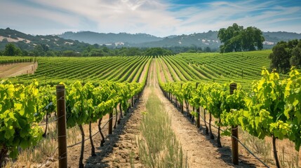 Fototapeta premium Vineyard landscape with rows of lush green vines bearing seedless grapes