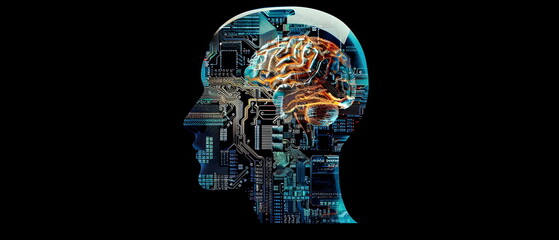 Obraz premium Half-frontal view of a normal human head made from Circuit board CPU chip with AI smart brain Overlay X-ray image of a human skull, Artificial intelligence of brain