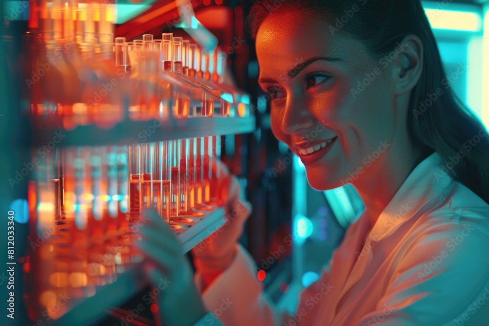 Poster woman in lab coat looking at shelf of test tubes. suitable for science and research concepts