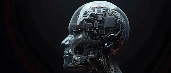 Half-frontal view of a normal human head made from Circuit board CPU chip with AI smart brain Overlay X-ray image of a human skull, Artificial intelligence of brain
