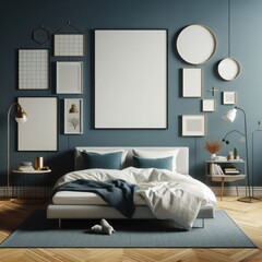 Bedroom sets have template mockup poster empty white with Bedroom interior and a picture frame image art photo lively has illustrative meaning.
