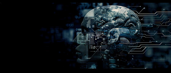 Half-frontal view of a normal human head made from Circuit board CPU chip with AI smart brain Overlay X-ray image of a human skull, Artificial intelligence of brain