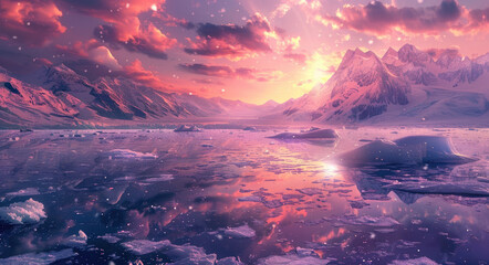 A serene scene of icebergs floating in the water at sunset, with mountains and snowcapped peaks visible behind them.