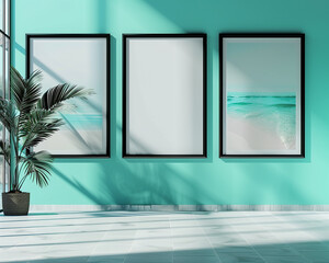 Boutique travel agency with three empty posters in elegant black frames spotlighted against a bright aqua wall perfect for travel package promotions or destination highlights