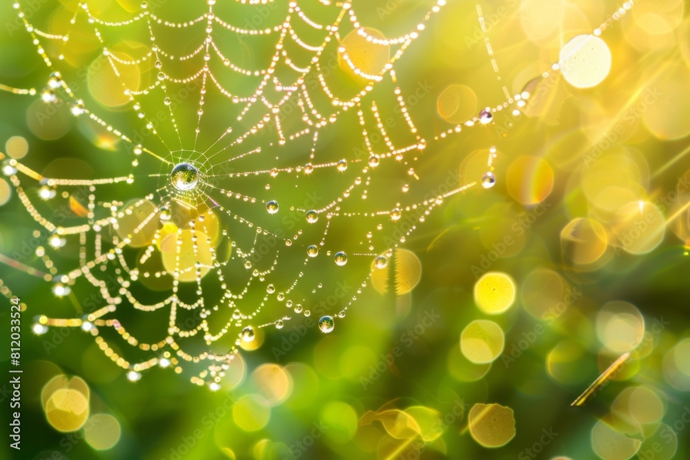 Wall mural hyperrealistic dew drops clinging to a spiderweb in a meadow, sparkling in the morning sunlight