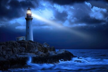 A scenic view of a lighthouse on a rocky shore under a cloudy sky. Suitable for travel and nature concepts