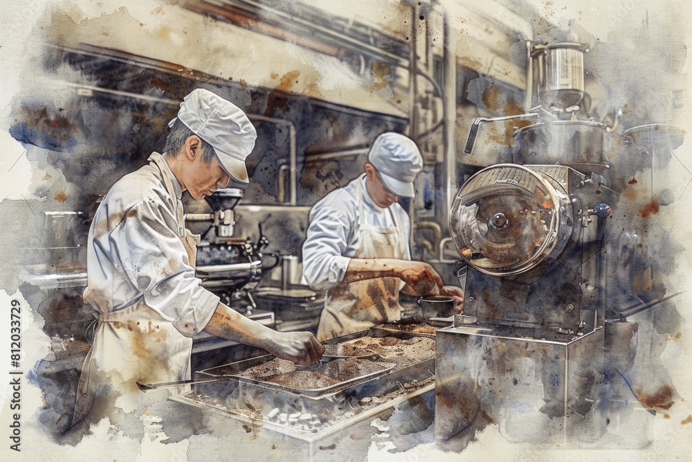 Poster a painting of two men working in a factory. suitable for industrial concepts