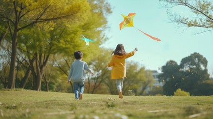 Dwójka dzieci bawi się latawcami w parku. Jeden latawiec jest niebieski, a drugi zielony. Dzieci śmieją się i skupiają się na tym, aby utrzymać latawce w powietrzu