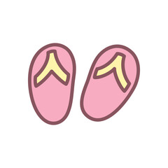 Cute flip flops icon. Hand drawn illustration of a summer slippers isolated on a white background. Kawaii sticker. Vector 10 EPS.