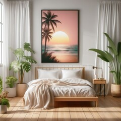 Bedroom sets have template mockup poster empty white with Bedroom interior and plants art photo attractive lively.