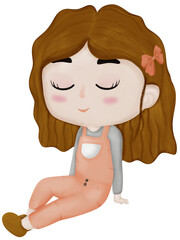 A cute girl with vivid orange dungarees sitting on the floor