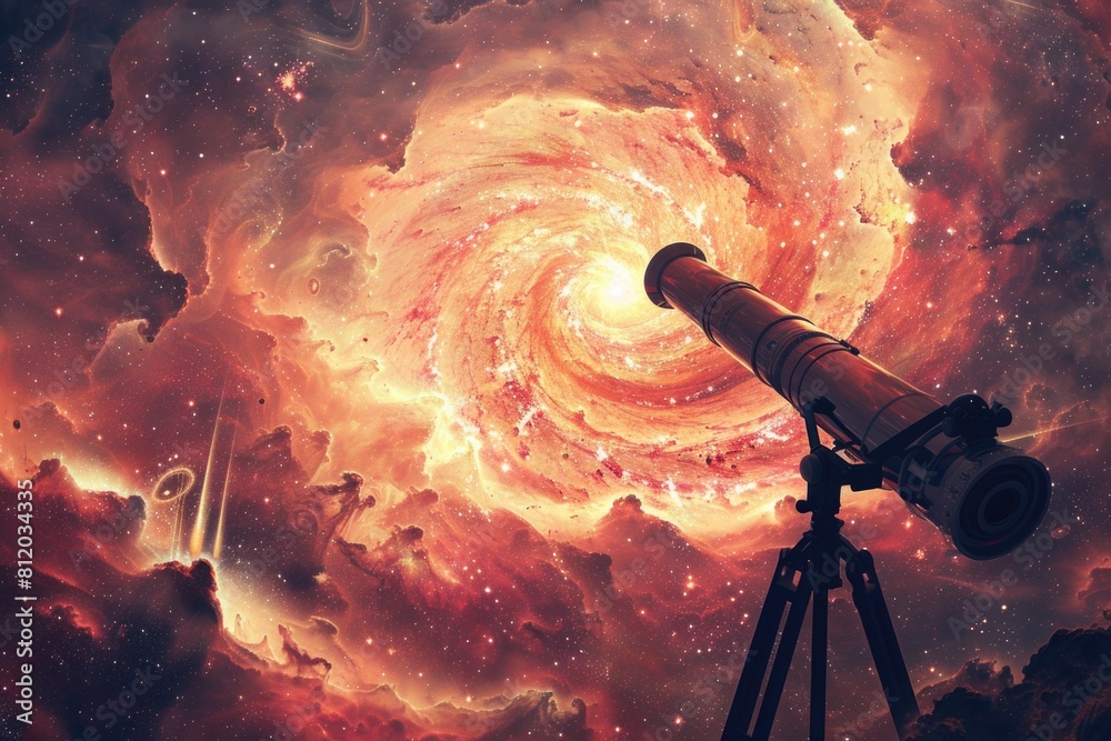 Poster a telescope pointed at a stunning spiral galaxy. ideal for astronomy enthusiasts