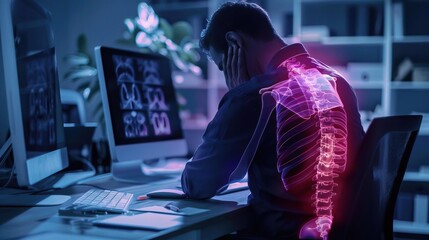 Fototapeta premium A medical Xray image illustrating the debilitating joint pain from office syndrome in an office worker, enhanced with neon lighting to spotlight areas of stress and clear vertebrae