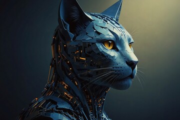 Neon Whiskers: The Cyber Cat - A Luminous Portrait with Detailed Circuitry in Intense Blue Shades