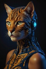 Neon Whiskers: The Cyber Cat - A Luminous Portrait with Detailed Circuitry in Intense Blue Shades