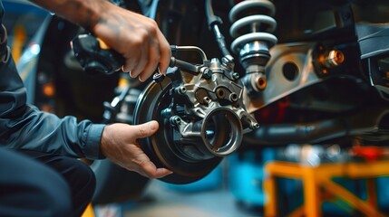 Obraz premium Skilled Mechanic Adjusting Brake System on High-Performance Sports Car in Workshop