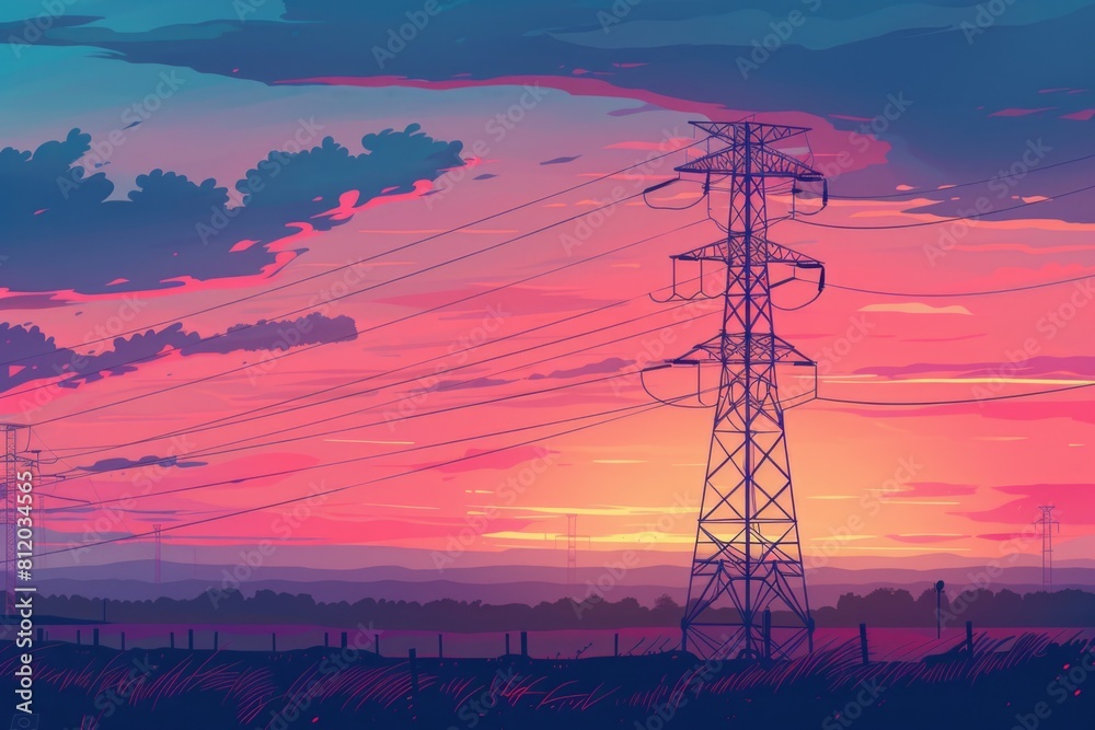 Poster a picturesque sunset with power lines in the foreground. suitable for energy and technology concepts