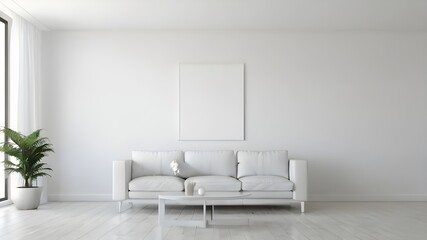 Empty blank mock up White frame on white wall with white sofa or white wooden floor