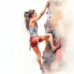 Watercolor sport illustration of climbing with colorful splashes. Rock climbing - obrazy, fototapety, plakaty