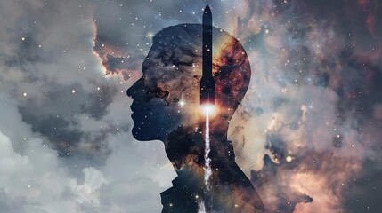 A unique double exposure image with a business engineer integrated with the launching sequence of a military rocket