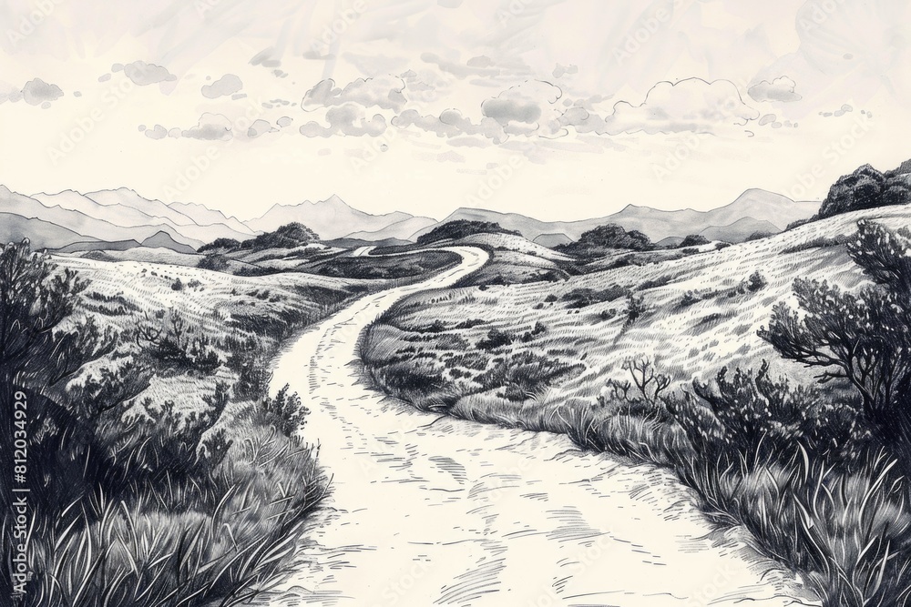 Poster A simple black and white drawing of a dirt road. Suitable for various design projects