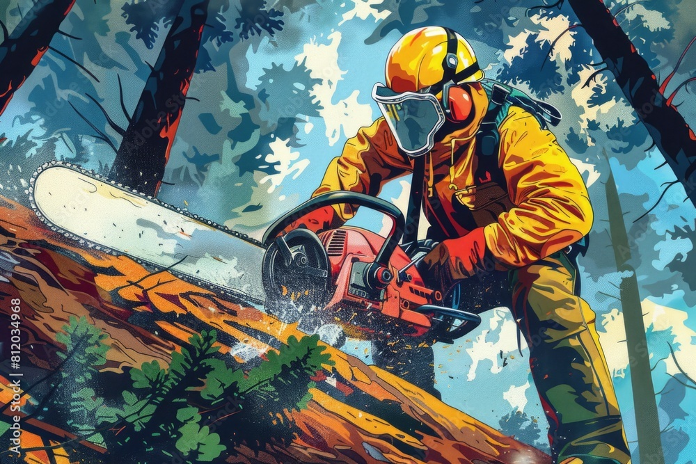 Poster a man in a yellow jacket cutting a tree with a chainsaw. suitable for forestry and lumber industry c