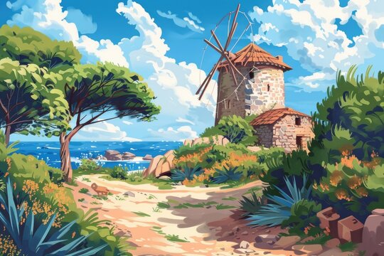 Beautiful painting of a windmill by the ocean, perfect for coastal decor - Powered by Adobe