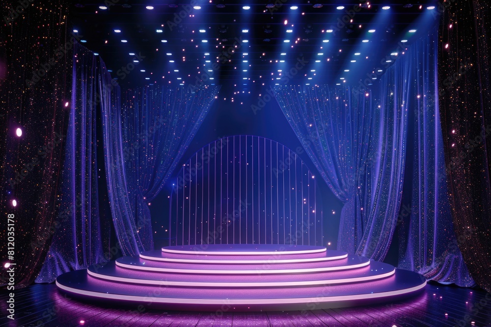 Poster a stage with a dramatic curtain and bright lights. ideal for theater and performance concepts