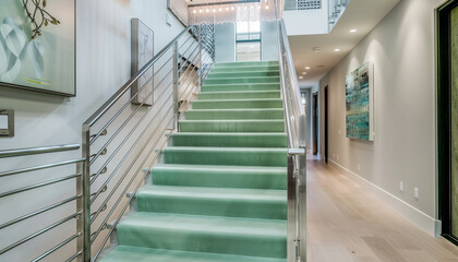 Fototapeta premium Contemporary home entrance with mint green carpeted stairs accented by a chrome banister and a light oak floor An overhead modern art installation serves as both a light source and a focal point