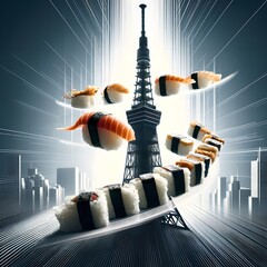 Floating Sushi Pieces with Tokyo Tower Silhouette - obrazy, fototapety, plakaty