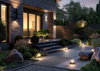 Obraz premium An illuminated path in front of the residential house leads deep into the night, providing a safe path for residents and guests.