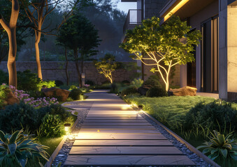 Fototapeta premium An illuminated path in front of the residential house leads deep into the night, providing a safe path for residents and guests.