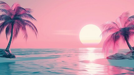 Obraz przedstawia dwie palmy rosnące na plaży. W tle widać piasek i morze. Słońce zachodzi nad horyzontem, malując niebo odcieniami czerwieni i pomarańczy