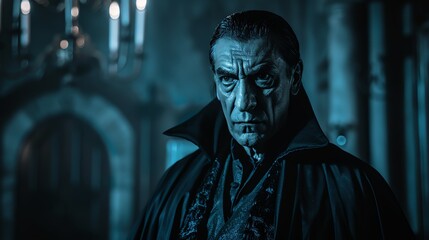 Dracula vampire character in a dark cape, sinister expression, perfect for horror film promotions and themed events