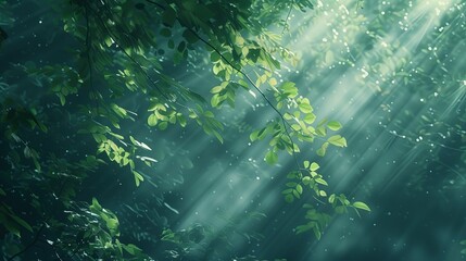 Promienie słoneczne przenikające przez gęste zielone liście drzewa, tworząc jasne plamy na ziemi