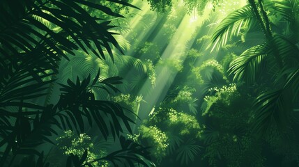 Obraz przedstawia gęsty zielony las, wypełniony wieloma drzewami. Słońce przenika przez gęstą zieloną roślinność, tworząc efektowną grę świateł i cieni - obrazy, fototapety, plakaty