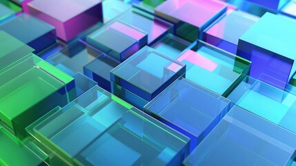 Obraz premium Abstract glass cubes in shades of blue and green are arranged in a rhythmic pattern to serve as a high quality commercial background for digital marketing projects.