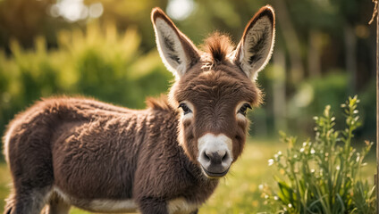 Fototapeta premium Cute donkey on a farm in summer