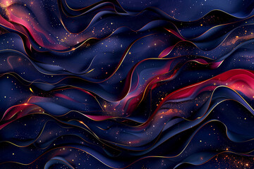 The image is a colorful, abstract painting of a wave with gold and red colors
