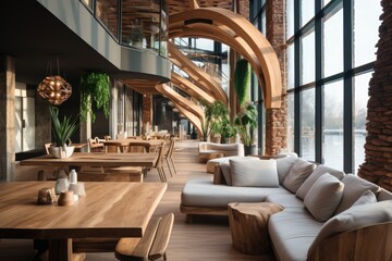 Beautiful interior with wood furniture and couch making it more beautyfull - obrazy, fototapety, plakaty