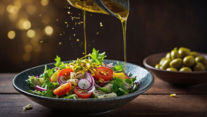 Wholesome Bowl, Vibrant Vegetable Salad with Flying Ingredients and Olive Oil Drizzle. - obrazy, fototapety, plakaty