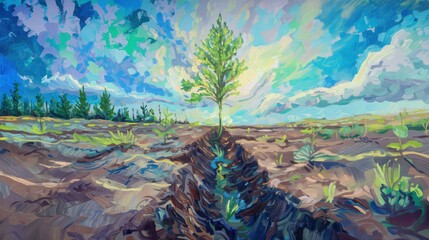 Obraz przedstawia drzewo rosnące na środku pola, otoczonego zielenią. Drzewo dominuje na tle nieba, podkreślając swoją wysokość i siłę - obrazy, fototapety, plakaty