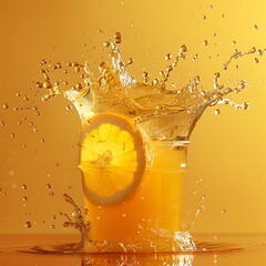 Dynamic orange juice splash with lemon slice