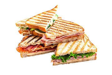 stack of three triangular sections of grilled sandwiches against a transparent background