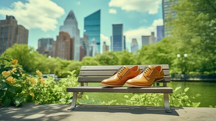 Casual shoes resting on a park bench in a city green space, with skyscrapers towering in the background, contrasting nature and urban life - obrazy, fototapety, plakaty