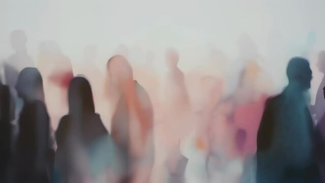An abstract interpretation of a crowd of people, rendered in a blurred and dreamy visual style, representing themes of anonymity and urban life. Social interaction between people