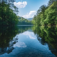 Serene lake reflections with clear skies and trees